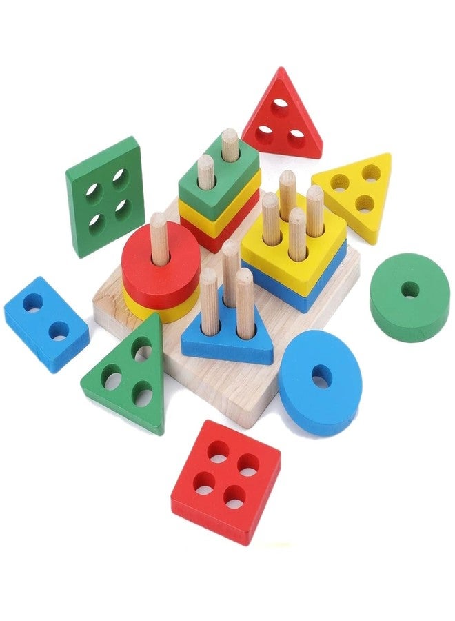Smoneo Wooden 4 Shape Sorting & Stacking Toys for Toddlers, Montessori, Color Recognition Stacker Early Educational Blocks Puzzles for Boys & Girls, Kids Gift DM-23 - Image 1
